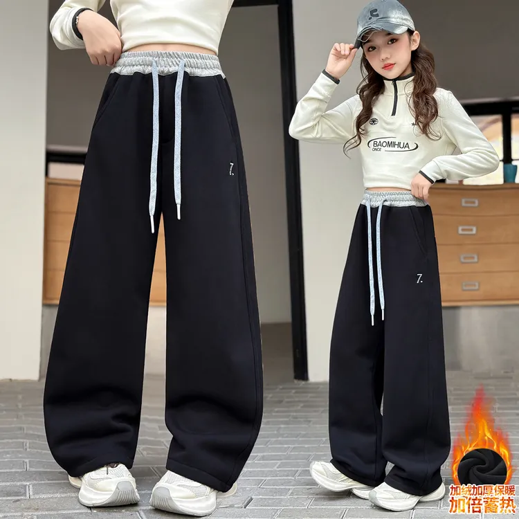 女童加绒裤子2025新款冬装中大童洋气儿童冬季一体绒休闲弯刀裤潮
