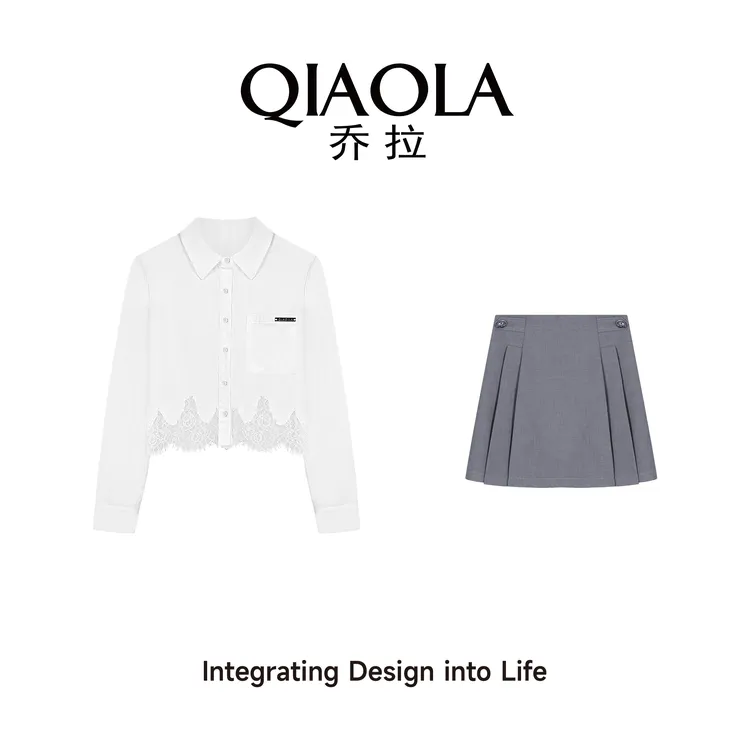 QIAOLA/乔拉【梦之微风】春夏款抗皱衬衫翻领单排扣蕾丝摆时尚套装