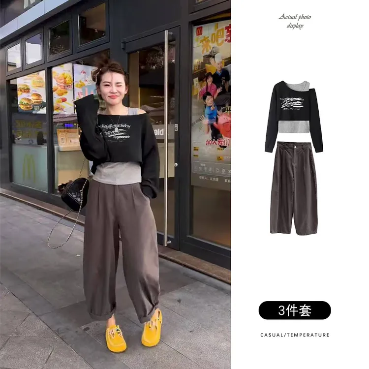 韩系时尚套装女2025秋季新款字母露肩上衣+背心+阔腿休闲裤三件套