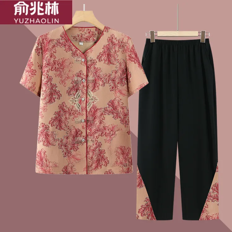 俞兆林妈妈夏装短袖套装中老年人女装奶奶老人衣服外婆岁婆婆服装