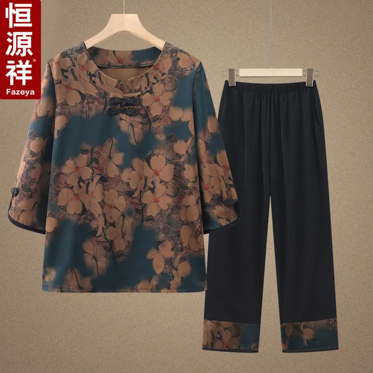 恒源祥彩羊奶奶夏装套装女新款中老年妈妈装洋气70岁80老太太衣服