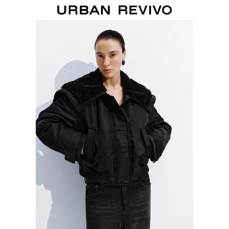 UR2025冬季新款女装休闲毛绒拉链连帽棉服UWH150049+