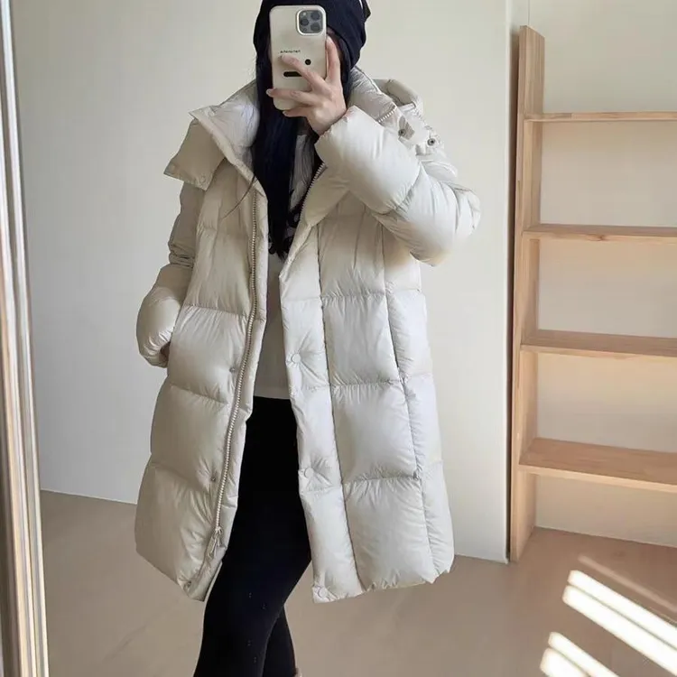 90白鹅绒中长款连帽羽绒服女2025冬季新款时尚加厚韩版小个子外套
