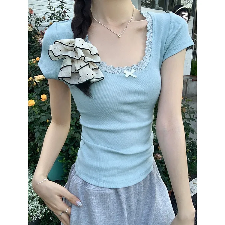 温柔风蕾丝花边蝴蝶结短袖T恤女装夏季纯欲辣妹减龄短款修身上衣