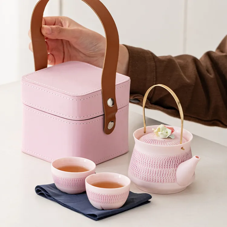粉色捏花提梁壶功夫茶具女士茶壶套装一壶二杯高档旅行茶具高颜值