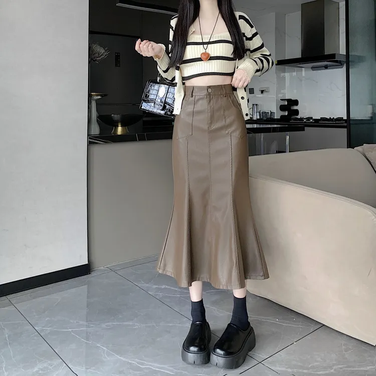鱼尾裙半身裙女秋季皮裙2025新款高腰包臀裙A字裙裙子中长裙显瘦