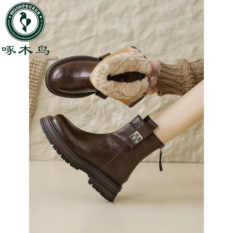 啄木鸟雪地靴女2025冬季新款圆头厚底短靴复古加绒加厚休闲马丁靴