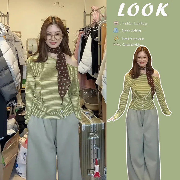 春季穿搭一整套2025新款女收腰设计条纹斜肩上衣阔腿休闲裤两件套