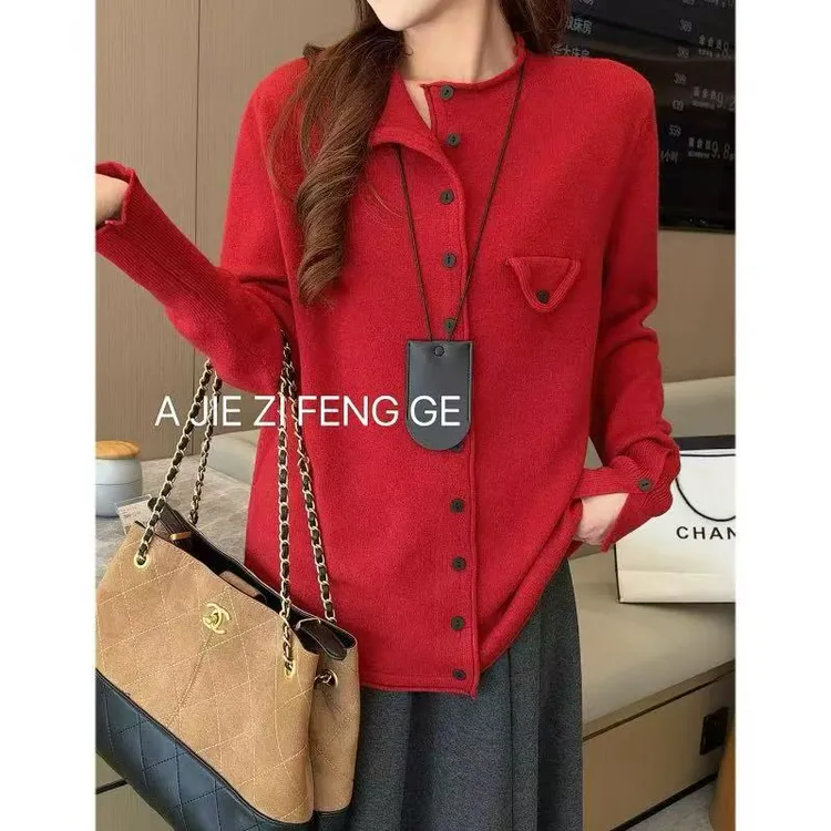 2025新款秋冬法式针织开衫简约毛衣长袖独特流行慵懒风上衣单排扣