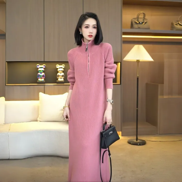 秋冬新款慵懒风时尚毛衣裙女针织长款翻领宽松拉链过膝打底连衣裙