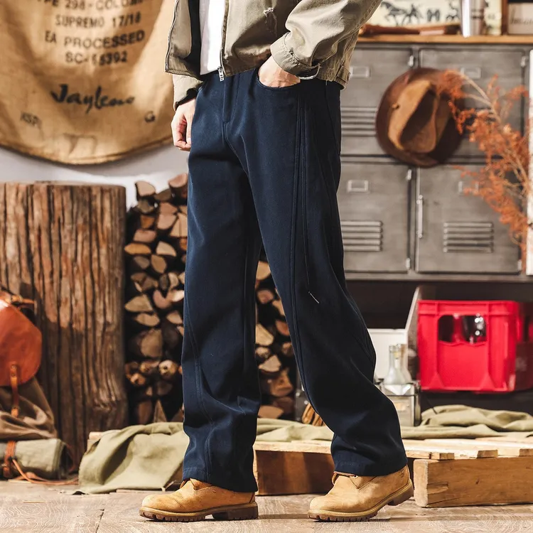 美式复古水洗休闲裤男士秋冬加绒宽松百搭潮牌拼接直筒纯棉工装裤
