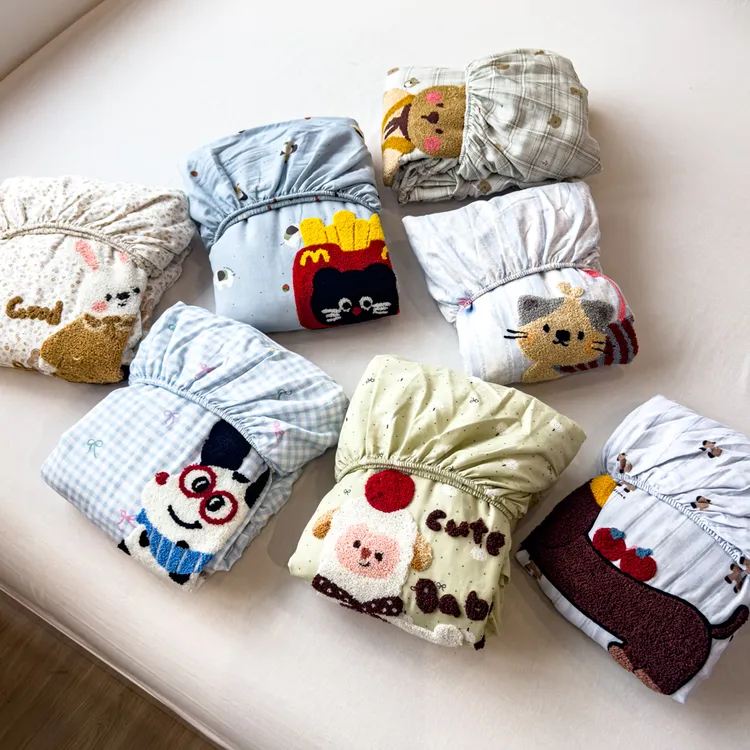 朵罗塔丨卡通小羊双层纱纯棉床笠罩新款2025全棉单件床垫罩保护套