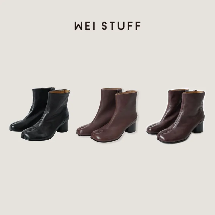 WEI STUFF “剑桥时光” 复古优雅百搭显瘦粗跟分趾羊皮短靴 7838.