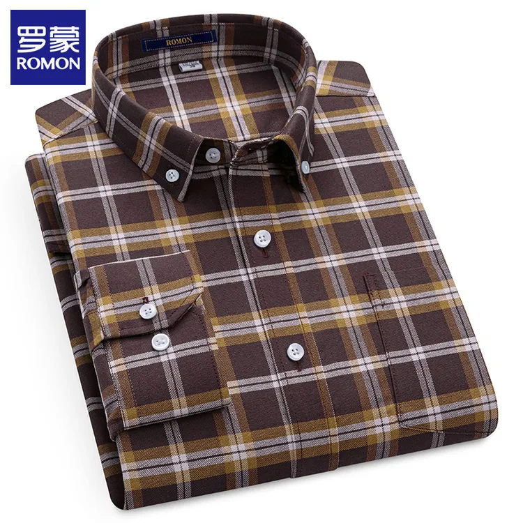 罗蒙纯棉长袖衬衫男士格子条纹休闲牛津纺爸爸装中年宽松商务衬衣