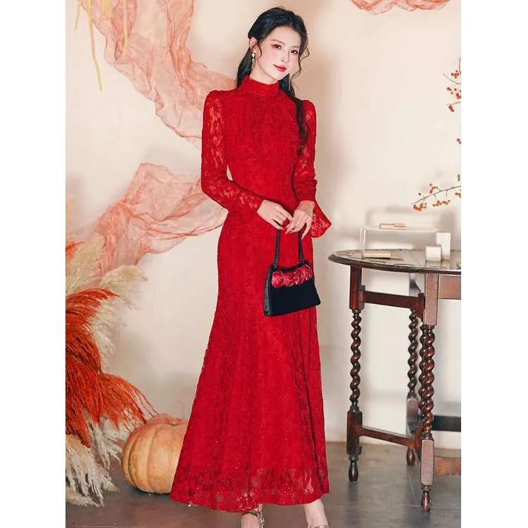 高级感法式轻奢优雅礼服长裙2025秋冬季新款订婚回门蕾丝连衣裙女