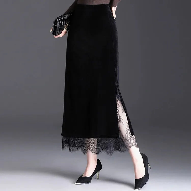 蕾丝拼接直筒裙金丝绒半身裙女秋冬新款垂感开叉包臀长裙一步裙子