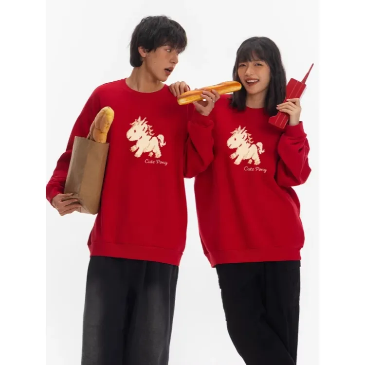 300斤加肥大码马年卡通chic设计圆领卫衣男女秋冬加绒加厚打底衫