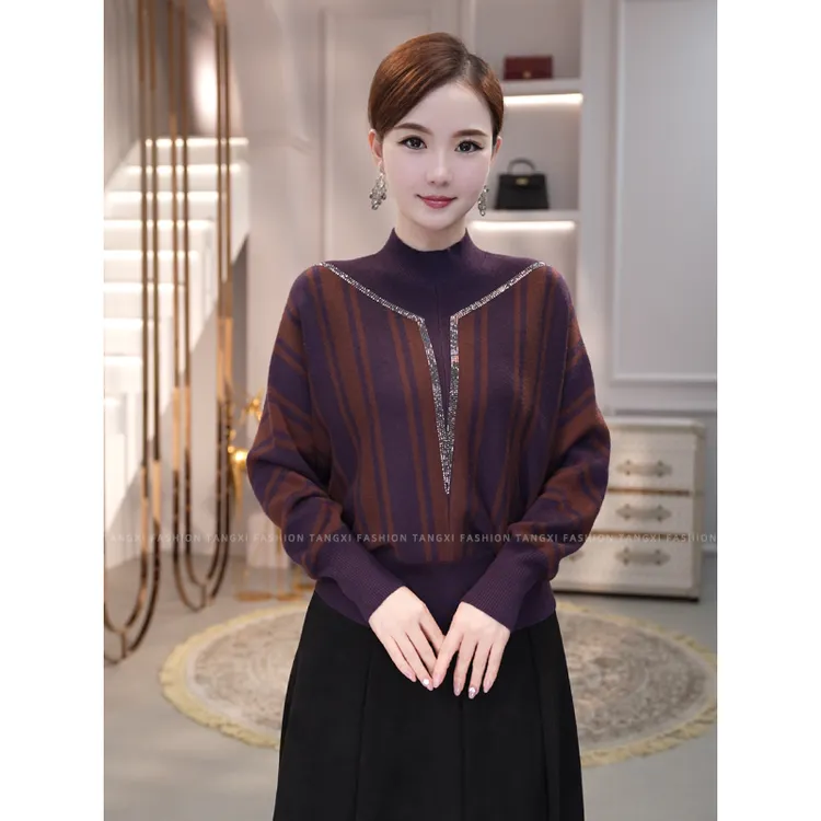 2026秋冬流行爆款【QQ-1217JR】含绵羊毛烫钻紫色条纹针织衫上衣女