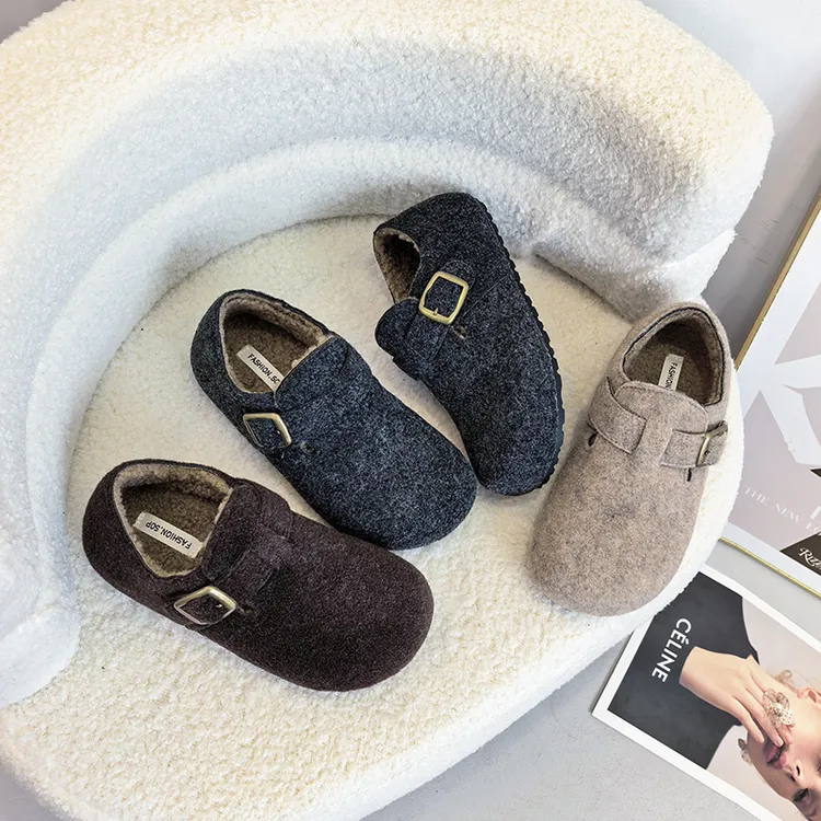 【Dimo】3CM内增高圆头毛毡加绒勃肯鞋女加绒秋冬季一脚蹬保暖棉鞋