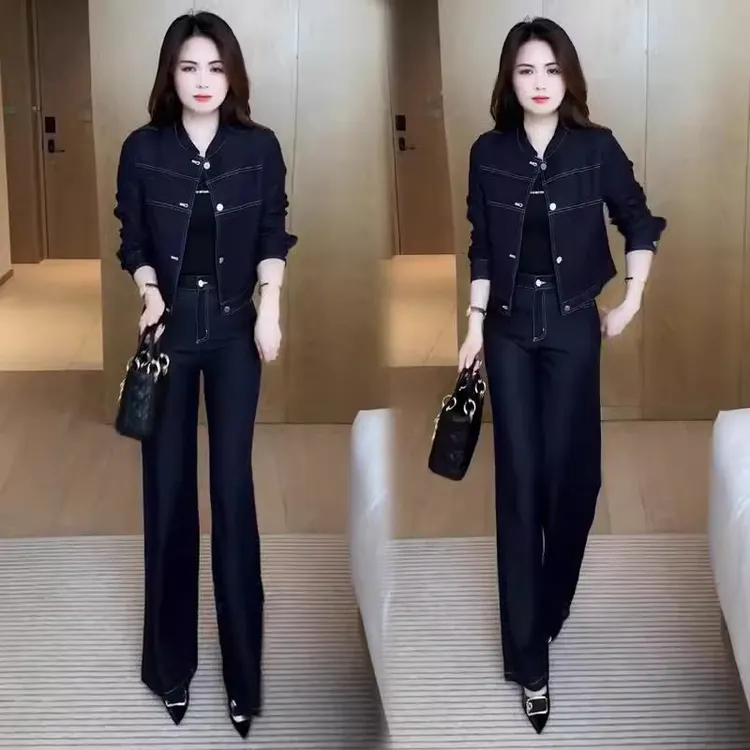 La babite 时尚牛仔套装女2025春季时髦洋气减龄外套阔腿裤两件套