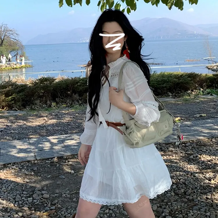 法式白色长袖连衣裙子女秋装新款小个子春季海边旅游度假短裙D044