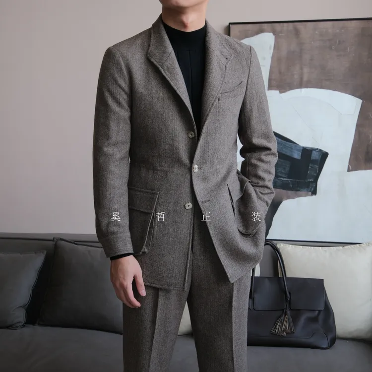 秋冬新款粗花呢鱼骨纹老钱风时尚西班牙夹克套装绅士男士JK19