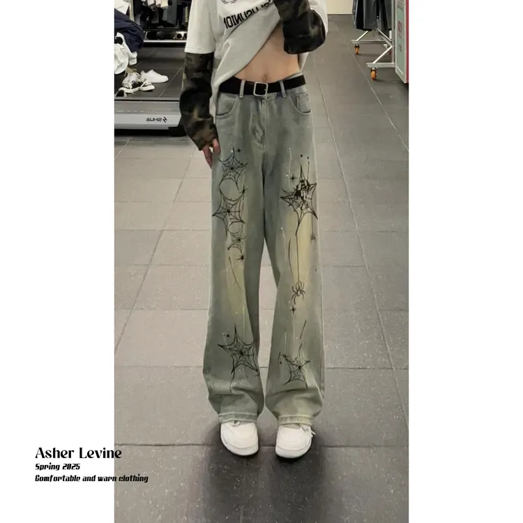 美式泼墨牛仔裤男秋季新款蜘蛛网设计痞帅高街嘻哈宽松阔腿直筒裤