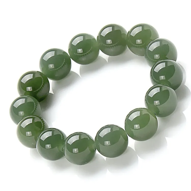 正品青海料和田玉手链男女款天然玉石手串男士圆珠晴水湖水绿手串