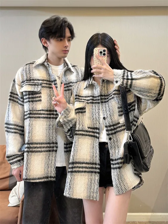情侣装秋冬季2025新款毛呢外套翻领夹克一男一女宽松网红气质韩版