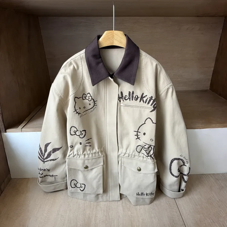 女童HelloKitty工装外套25秋装新款复古巴恩风涂鸦抽绳上衣小个子