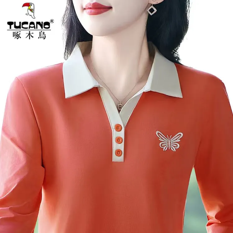 啄木鸟~纯棉长袖女秋2025新款减龄妈妈t恤宽松休闲polo衫上衣翻领