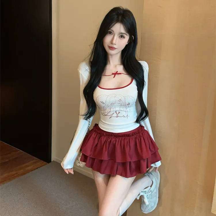 秋季新款小个子穿搭显瘦长袖t恤蓬蓬蛋糕短裙纯欲风辣妹两件套装