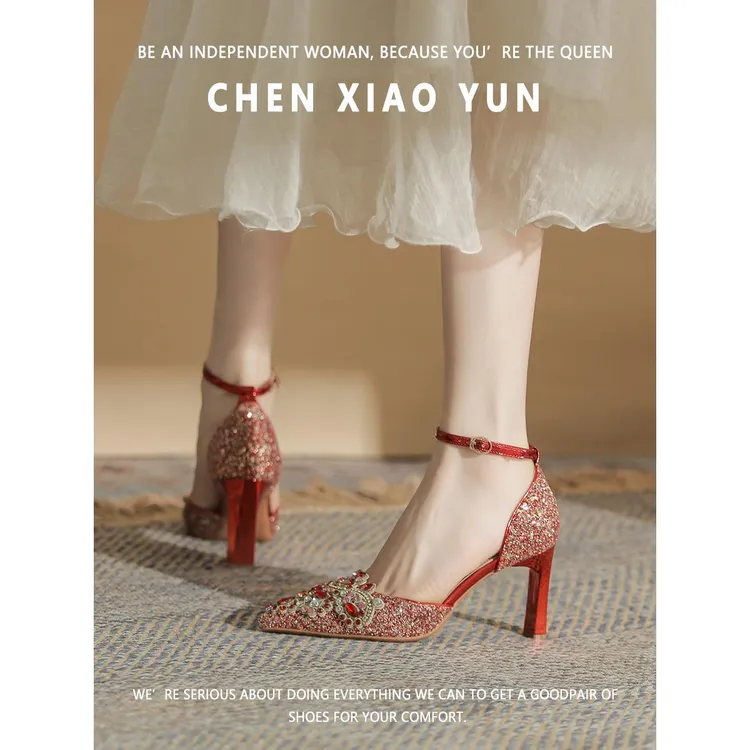 】婚纱鞋不累粗婚鞋【新娘绝美陈小云跟水晶红色高跟鞋两穿禾秀脚