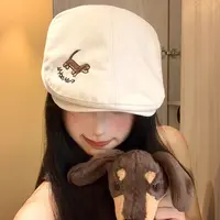 小狗刺绣前进帽女秋季韩版百搭显脸小反戴贝雷帽大头围鸭舌帽子潮