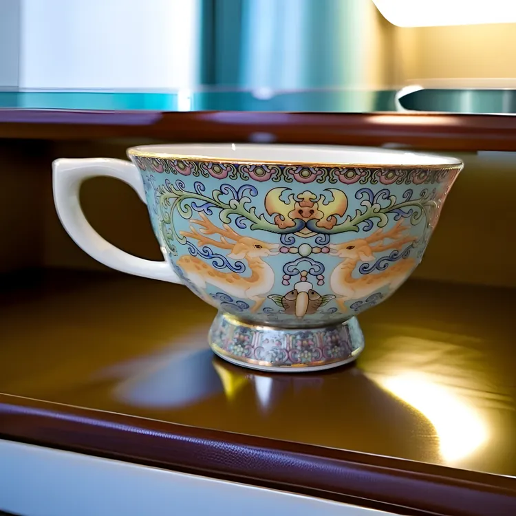 家用优雅精美高端景德镇精致陶瓷藏区六福釉上彩中号奶茶咖啡杯