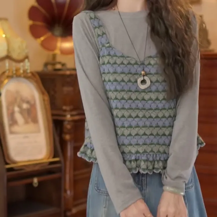 【秋日苔原】港风复古针织T恤+吊带马甲上衣两件套LK2506317