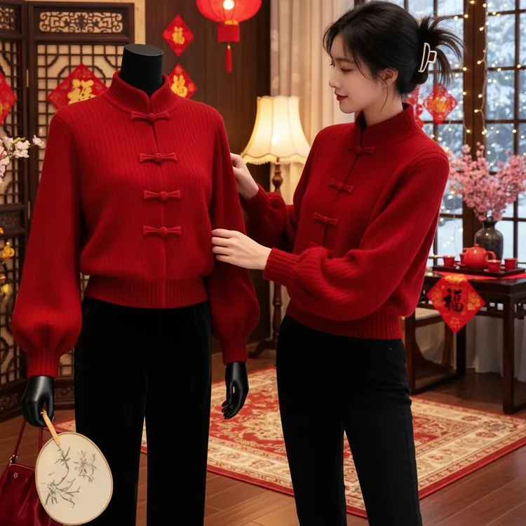 时髦洋气设计感氛围盘扣立领毛衣百搭高级感新中式红色针织衫上衣