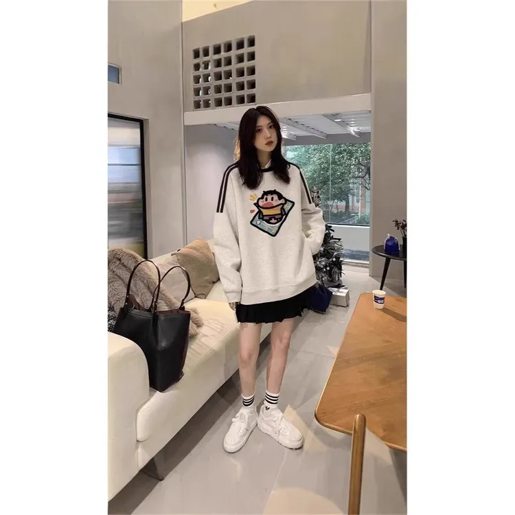 灰色慵懒风无帽卫衣女加绒外套秋冬韩系卡通拼接减龄中长款上衣