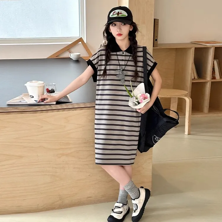 女童夏装条纹短袖连衣裙2025新款女大童洋气中长款夏季POLO领裙子