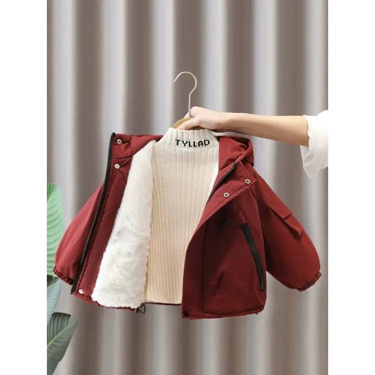 儿童冬装连帽外套2025新款男童加厚红色上衣宝宝冬季加绒派克服冬