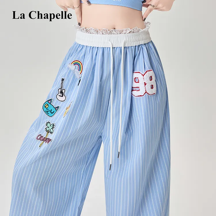 拉夏贝尔蕾丝拼接条纹阔腿裤女2025设计刺绣贴布高腰直筒休闲裤夏