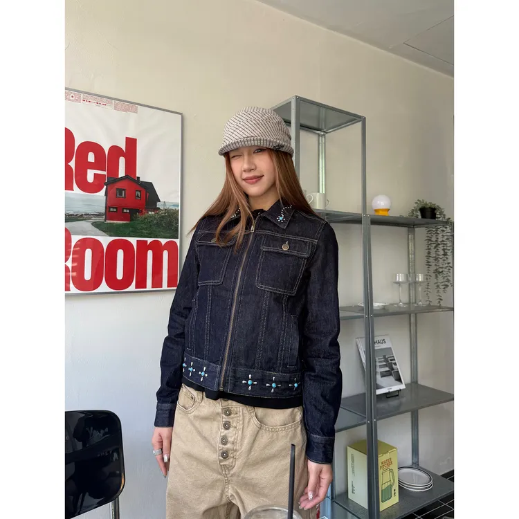川川也家美式复古钉珠牛仔外套正肩丹宁夹克休闲百搭微宽重工上衣