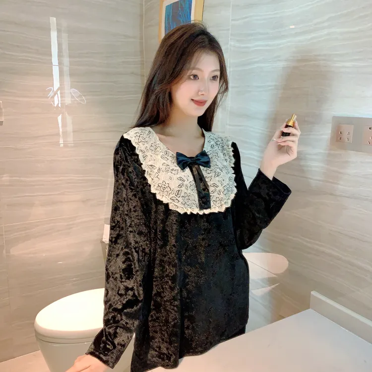 2025新款金钻绒圆领蝴蝶结花边秋冬套头家居服时尚两件套