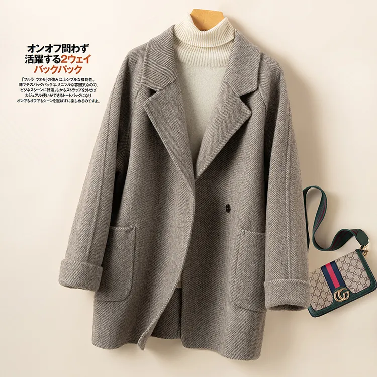 2025年秋冬新款韩版女士纯羊毛西装领中长款斜纹双面羊毛呢大衣