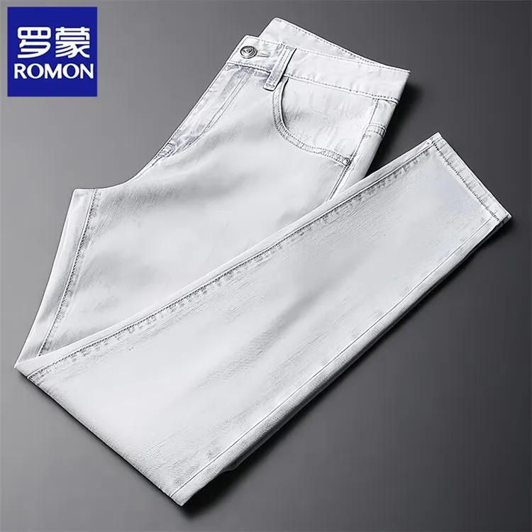 Romon/罗蒙高端薄款牛仔休闲裤男士轻商务修身直筒百搭轻奢休闲潮