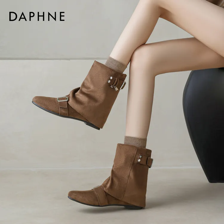 达芙妮琥珀流光内增高短靴女2025新款秋冬绒面堆堆复古西部牛仔靴