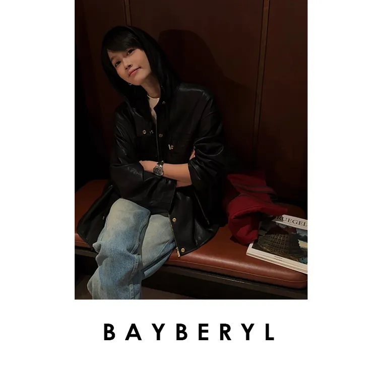 BAYBERYL老贝CE金扣连帽休闲宽松口袋时尚25秋皮衣PY5G2601-8/10