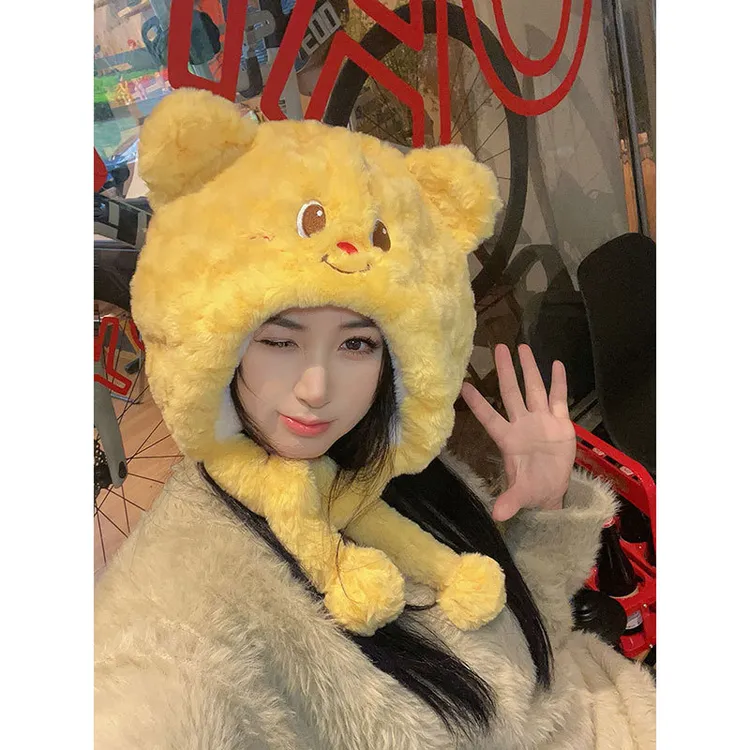 【礼响】可爱黄油小熊毛绒帽子女显脸小秋冬防寒保暖百搭护耳雷锋帽