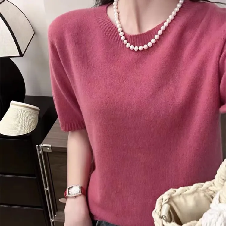 新款毛衫女短袖春夏秋款圆领毛衣薄宽松打底针织衫上衣显瘦纯色