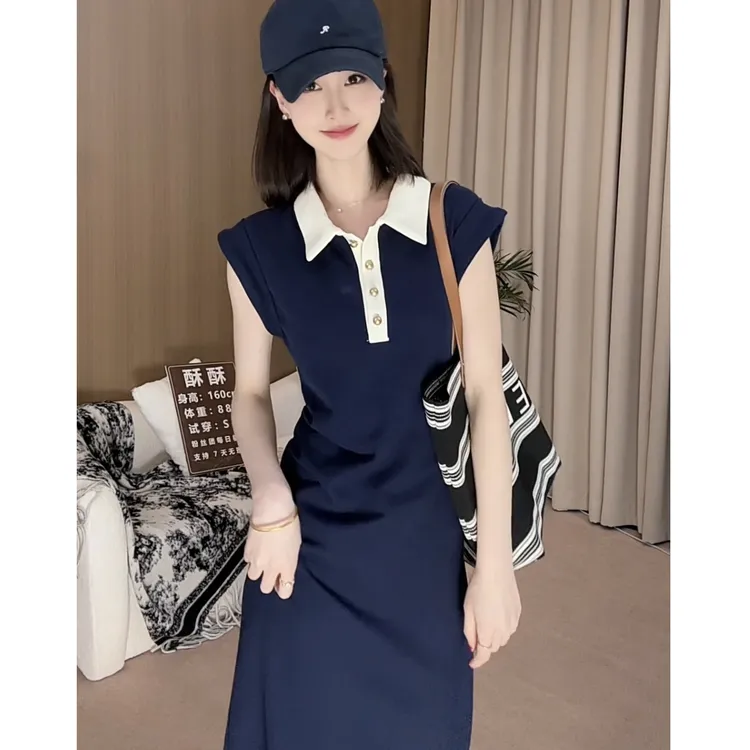 T桖连衣裙夏季轻奢高级感polo裙法式复古撞色褶皱连衣裙女夏季